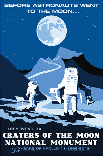 Poster depicting astronauts at Craters of the Moon and celebrating the 50th anniversary of Apollo 11.
