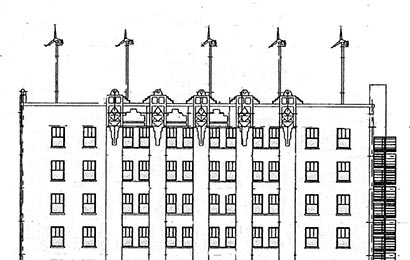 Drawing of the nine-story historic hotel with five wind turbines on its roof.
