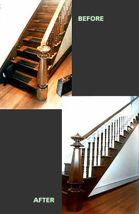 This consists of two images of a 19th-century residential interior staircase, before and after rehabilitation work. The historic staircase and railings are part of the entry way, and lead to the second floor of the house. There is a distinctive newel post.  The top image (BEFORE) shows  dark, stained historic woodwork; the bottom image (AFTER)shows the stair railings painted white. The image rolls over to provide the correct answer. Screen Reader users see text-only link, left, for answer. Photos: NPS files.