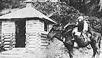 This is an image of Oswald West's children on horseback in front of the property's spring house. c. 1913. Photo: Courtesy, Harriet Drake.