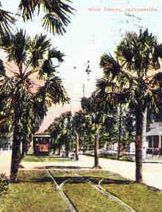 This is an image of an early color postcard showing an electric trolley in what is now Springfield National Historic District, Jacksonville, Florida. Photo, Courtesy, Springfield Preservation & Revitalization Council, Inc.