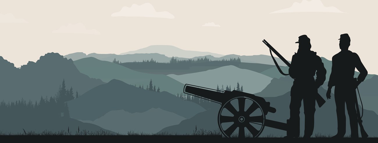 Illustration of two Civil War Soldiers standing next to a cannon with the mountains in the background.