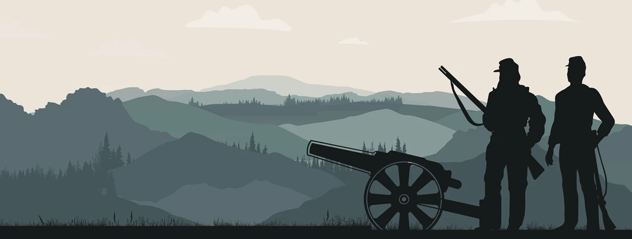 CUGA-Civil-War-Event Illustration of two Civil War Soldiers standing next to a cannon with the mountains in the background.