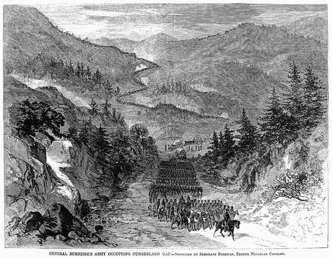 Drawing of Ambrose Burnside's Union soldiers marching through the Cumberland Gap.