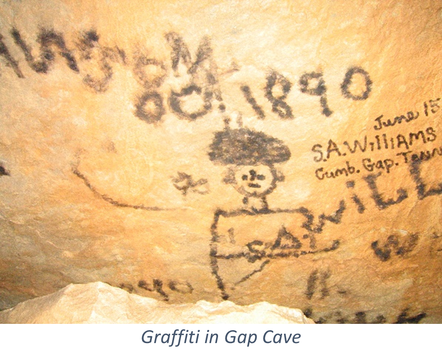 drawing on cave wall of a person surrounded by writing of names and dates