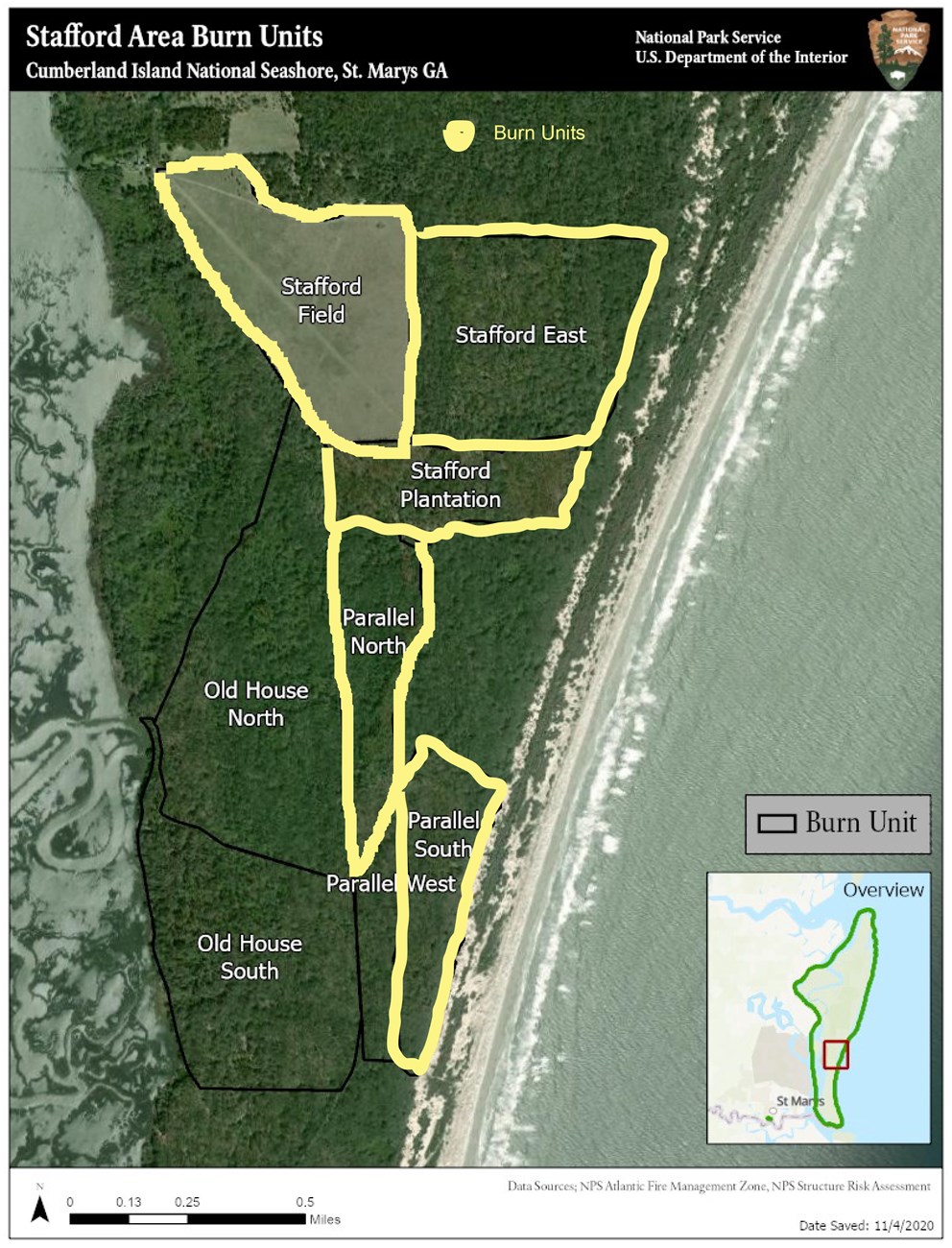 This map shows the Stafford Burn Units that will be burned in February 2021 on Cumberland Island National Seashore.