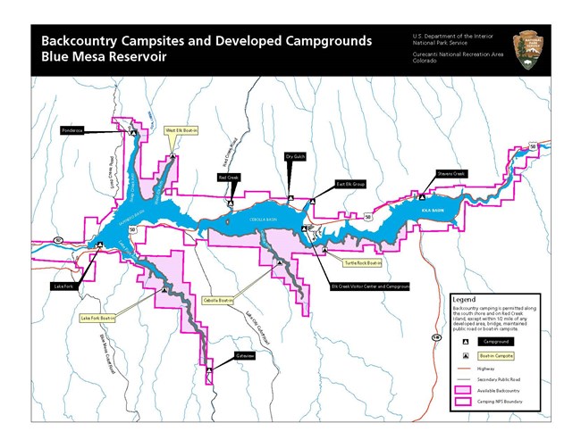 A map showing backcountry camping areas and boat-in campsites on Blue Mesa Reservoir