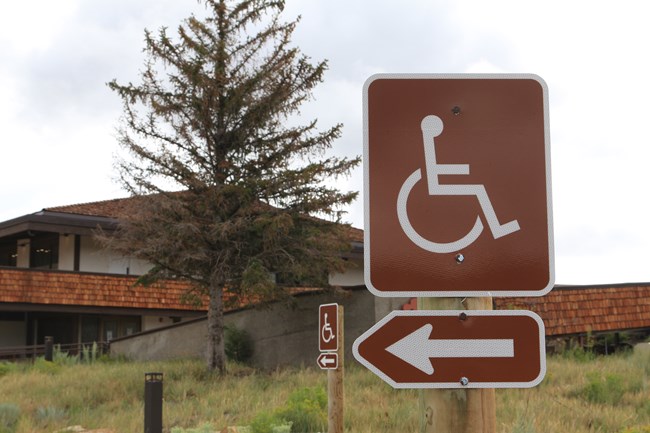 Two brown wheelchair accessible signs outside a brown building with a large tree