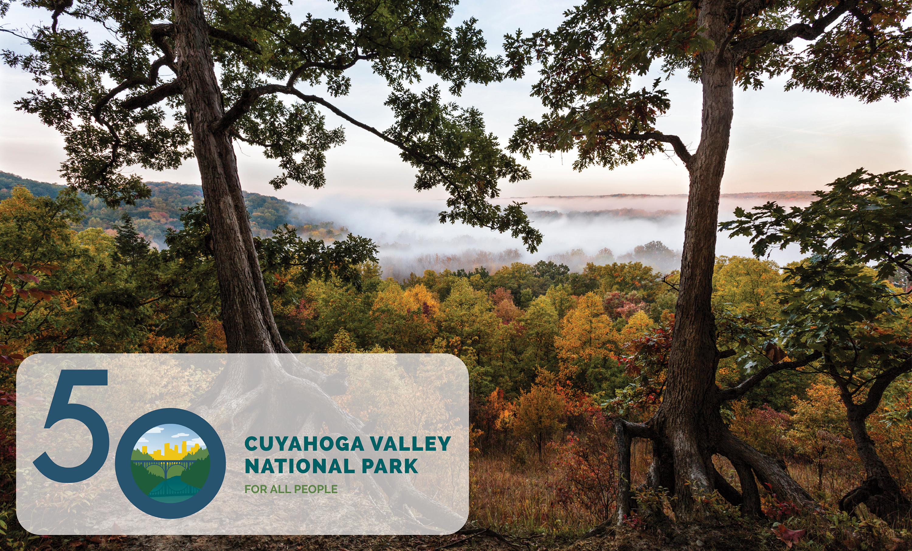 A scenic view over the foggy valley in autumn, framed by two trees with twisted roots; blue and green logo at bottom left with the number 50 and text, "Cuyahoga Valley National Park, For All People".