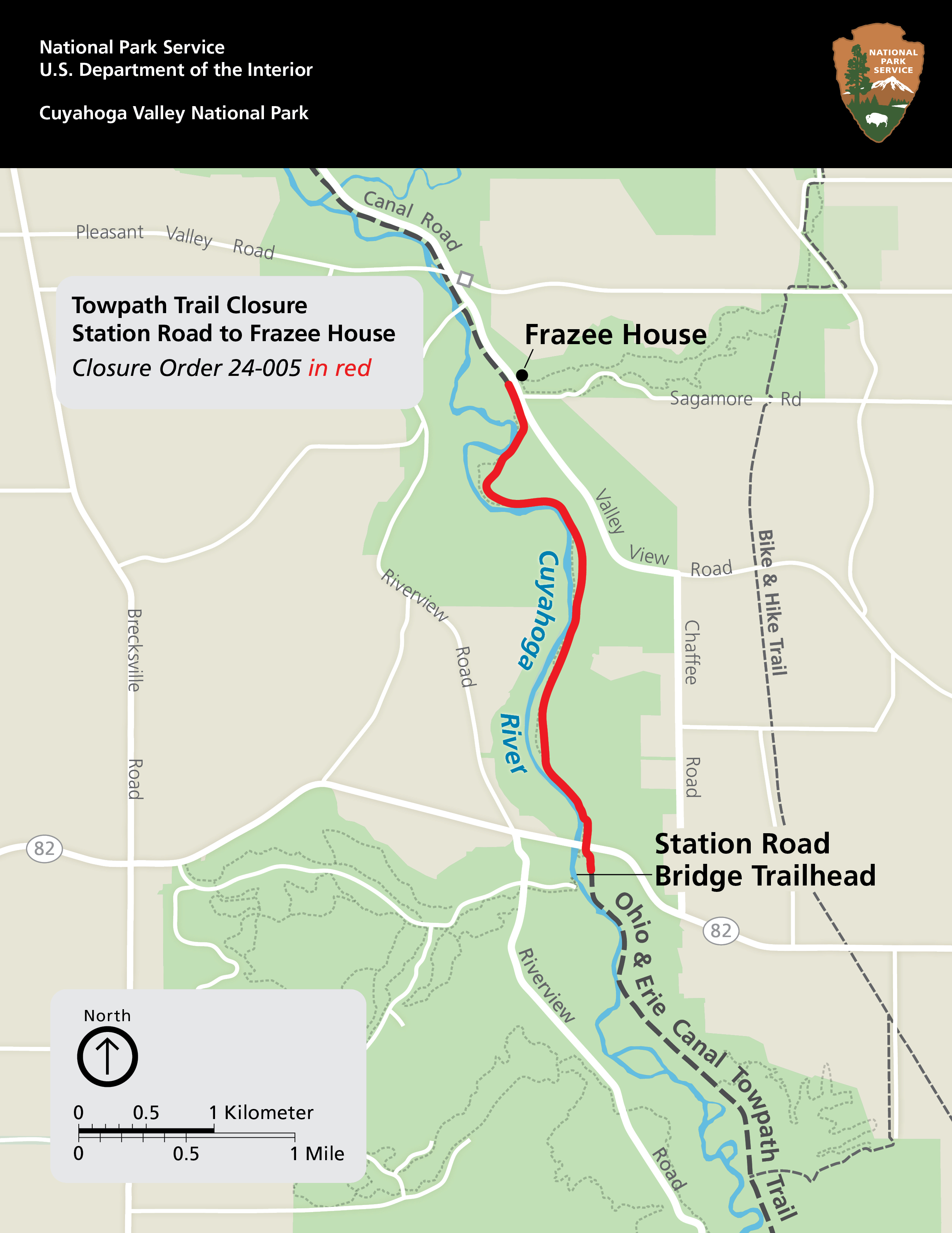 Map of section of park and surrounding area; closure of Towpath shown in red; black bar at top with NPS arrowhead symbol.