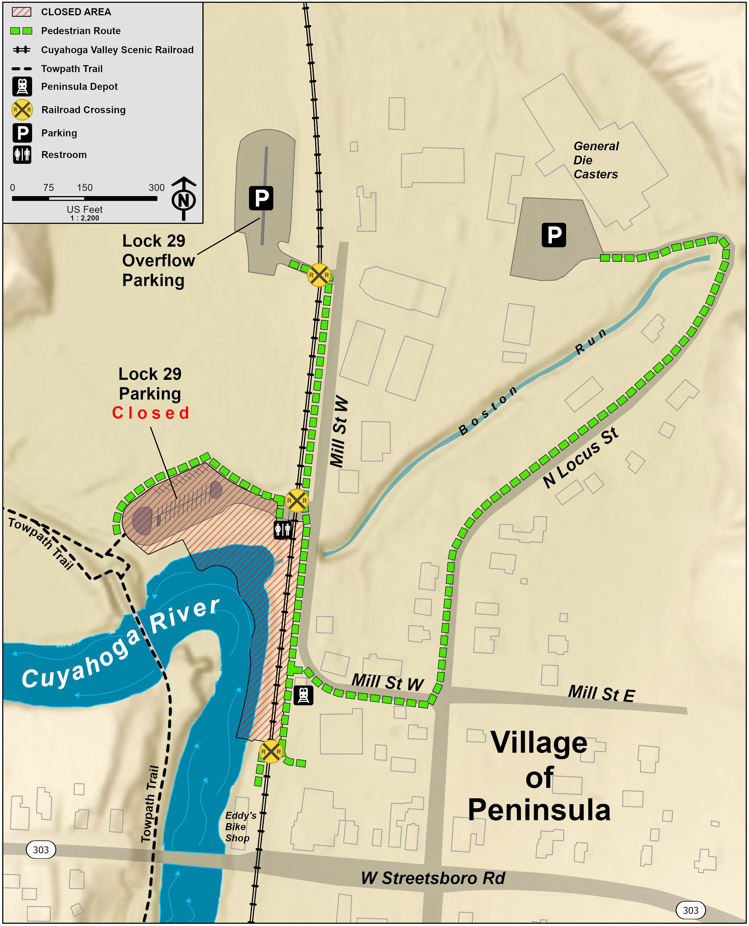 A map showing the closed area around Lock 29, available parking, and pedestrian route.