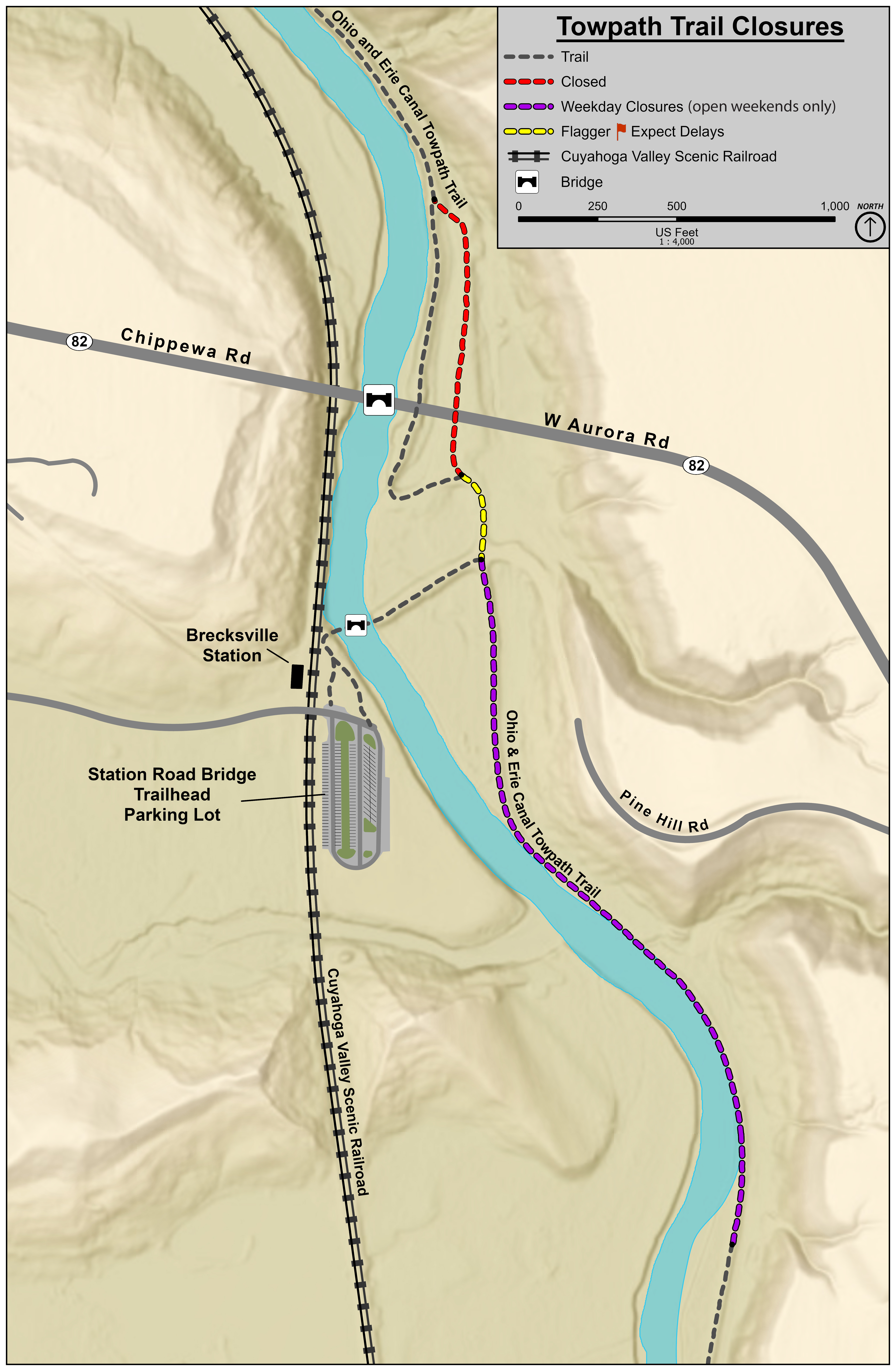 A map of the Station Road Bridge area showing the parking lot, bridge, river, railroad, and towpath with closed section highlighted.