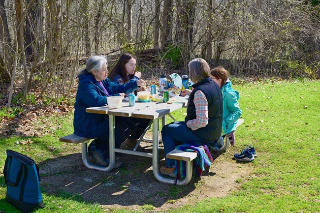 Two adults and two children sit at a wood-topped picnic table next to mostly leafless trees, eating a meal.