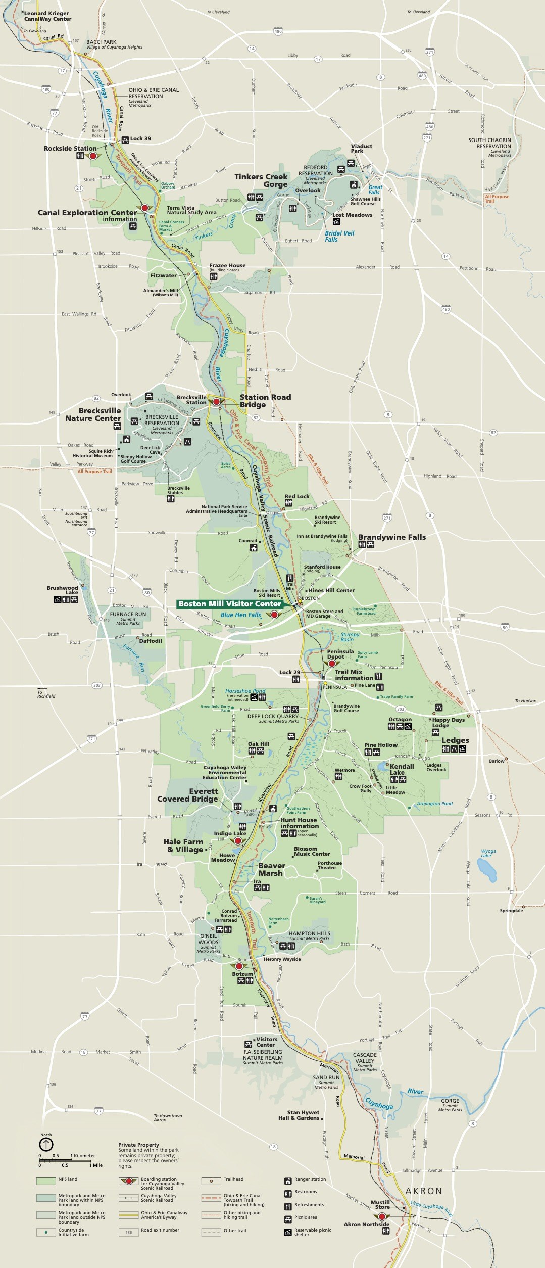 A map of the entire area of Cuyahoga Valley National Park from Rockside Station in the North to Akron in the South. Markers indicate destinations across the park as well as various amenities and roadways.