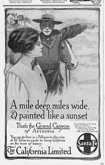 HPC-001985 historic train poster An illustrated advertisement depicts a woman and a uniformed ranger with a horse; text reads "A mile deep, miles wide, & painted like a sunset / That's the Grand Canyon of Arizona".