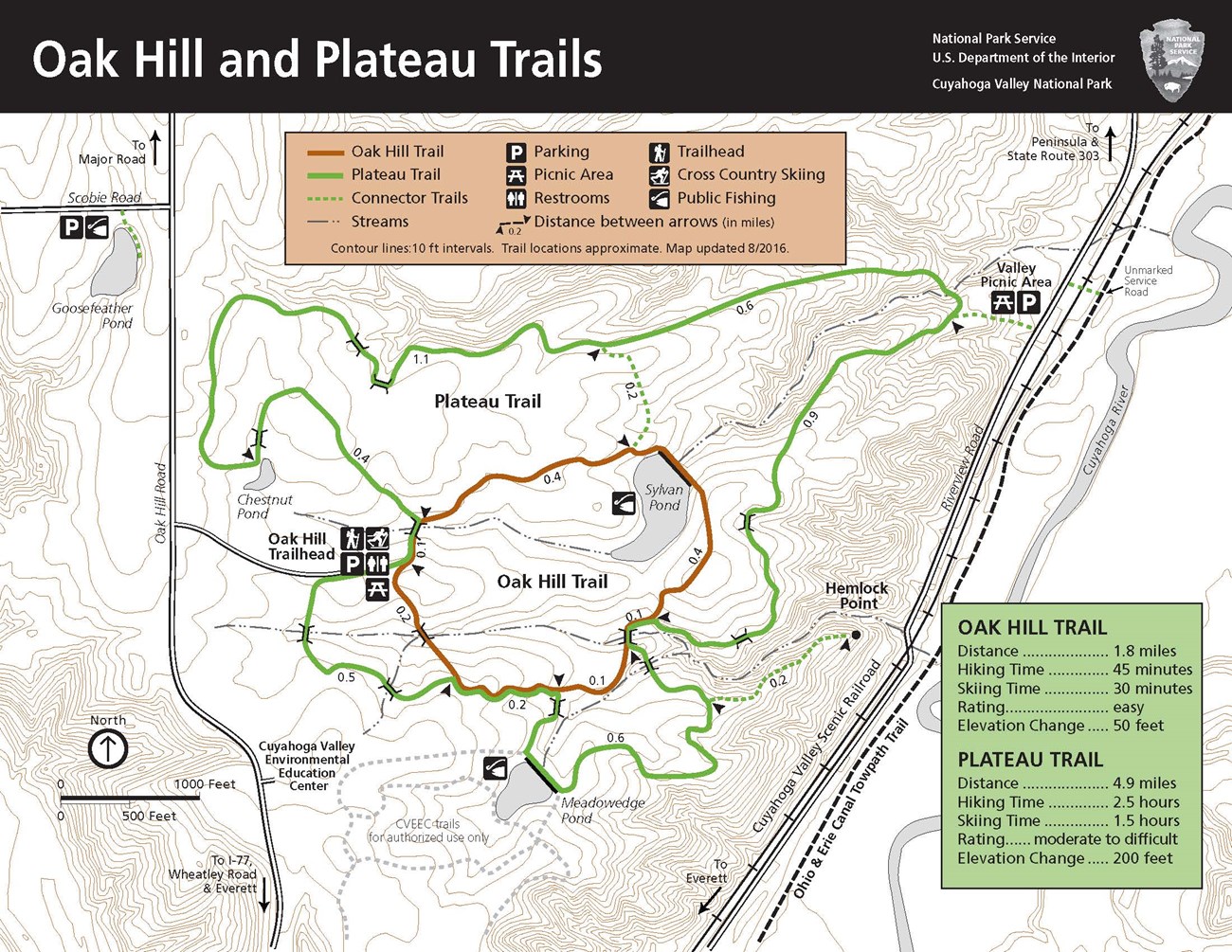 Oak Hill Trail, 1.8-mile loop, easy rating, 50 feet elevation change. Plateau Trail, 4.9 miles, moderate to difficult rating, 200 feet elevation change, steep in areas. Access the trailhead off Oak Hill Road.