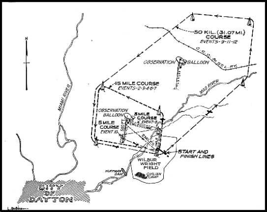 Black and white map outlining the routes of the air races above Wright Flying Field.