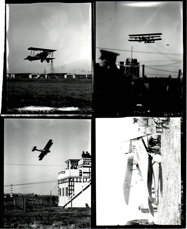 Four black and white images of aircrafts during the 1924 Dayton International Air Races.