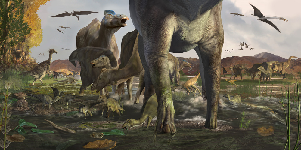 dinosaurs wander in swampy cretaceous landscape