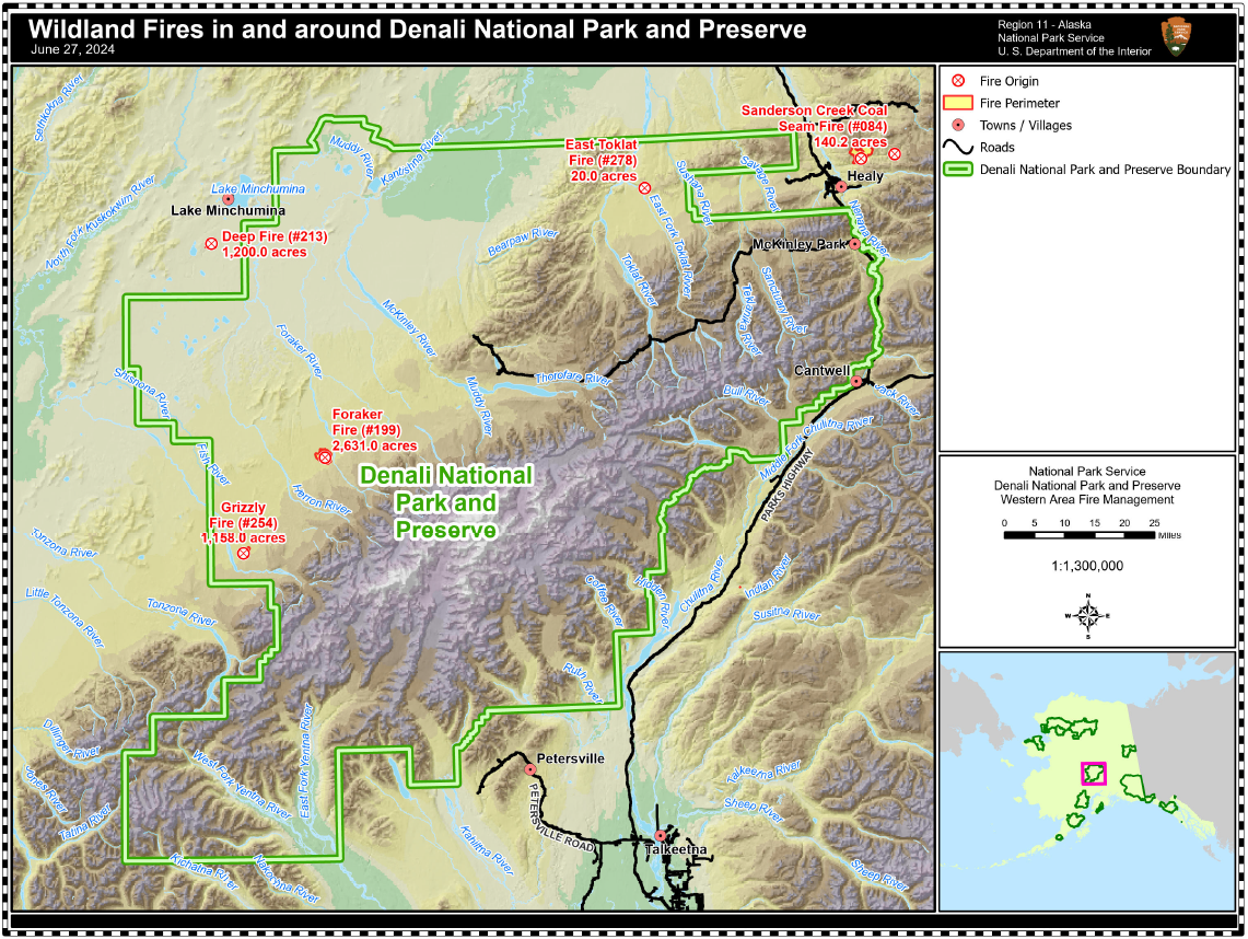 A map of Denali National Park and Preserve with 5 fires listed all north of the Alaska Range.