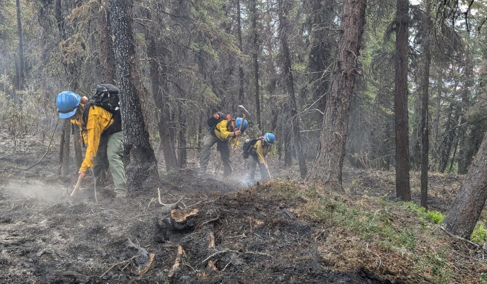Three members of the wildland fire crew use tools on a smoking section of ground