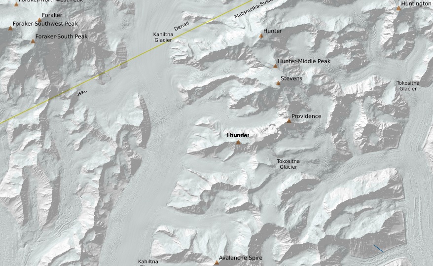 topographic map showing numerous mountains and glaciers 