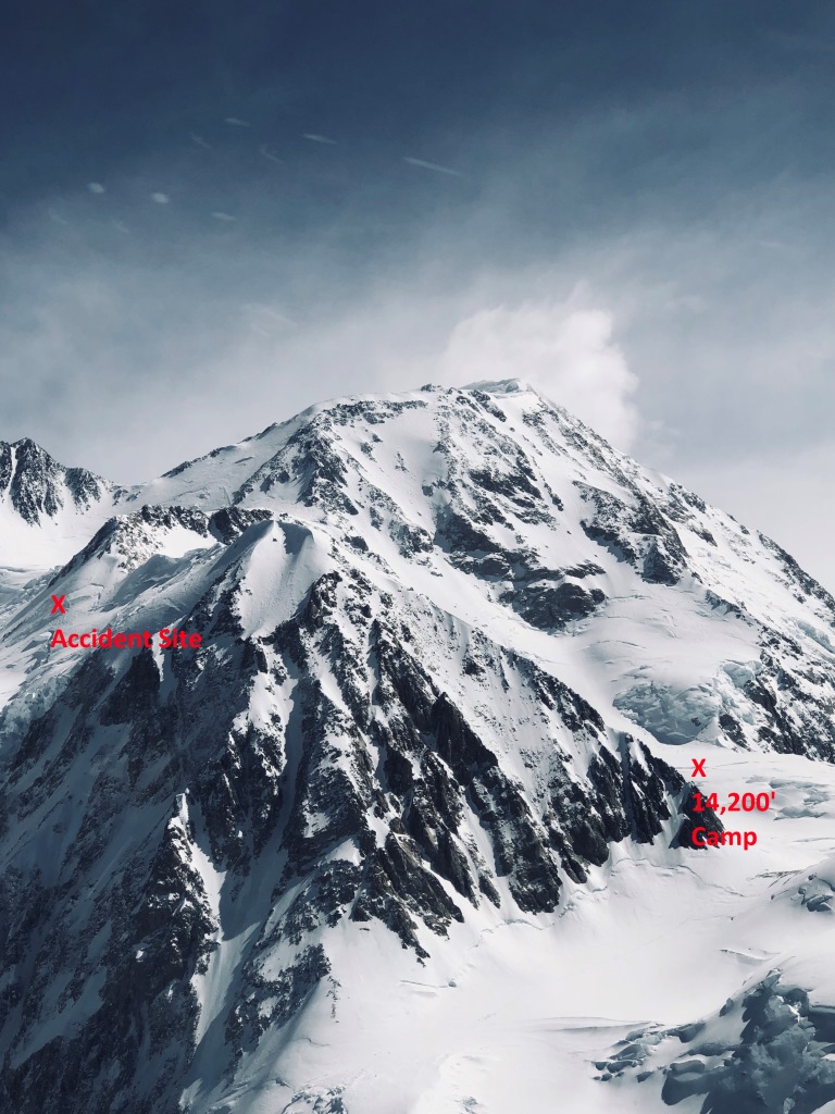 a huge snowy mountain. two labels indicate the presence a climbing camp on one side of the mountain, and a rescue site on the other side