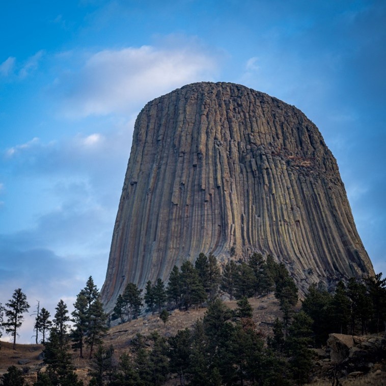 A view looking up at Devils Tower, a large stone tower with a flat top and vertical ridges on all sides