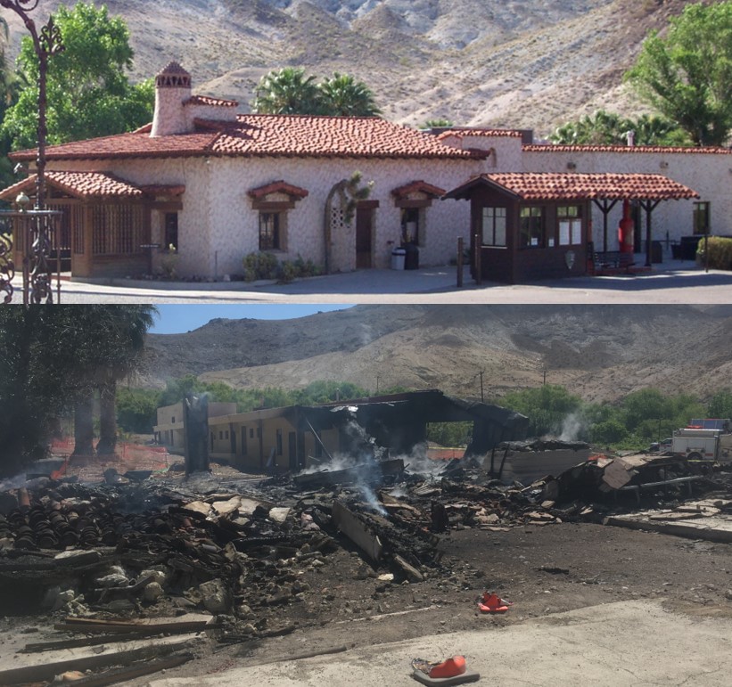 The top photo shows the red tile roof and stucco walls of the Visitor Center before the fire. The bottom photo shows a smoking debris pile.