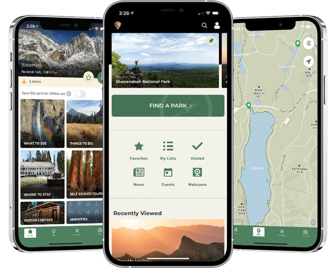 A color promotional image that shows three modern smartphones with a U.S. national parks app open.