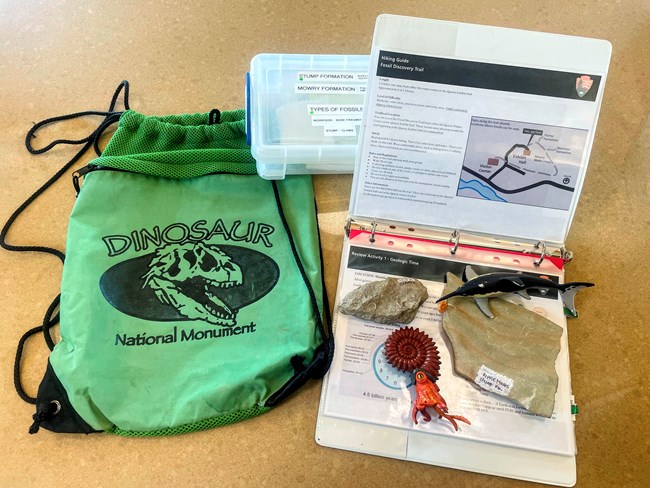 A spread on a table that includes a green backpack, prehistoric animal toys, fossils, and a lesson plan binder.