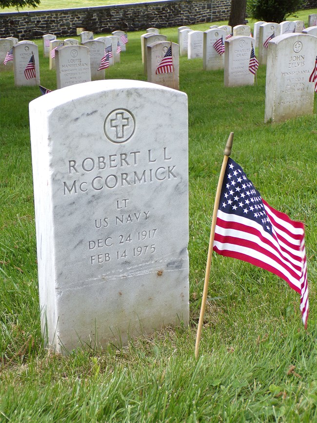McCormick Headstone A white marble headstone for Robert McCormick in Gettysburg National Cemetery.