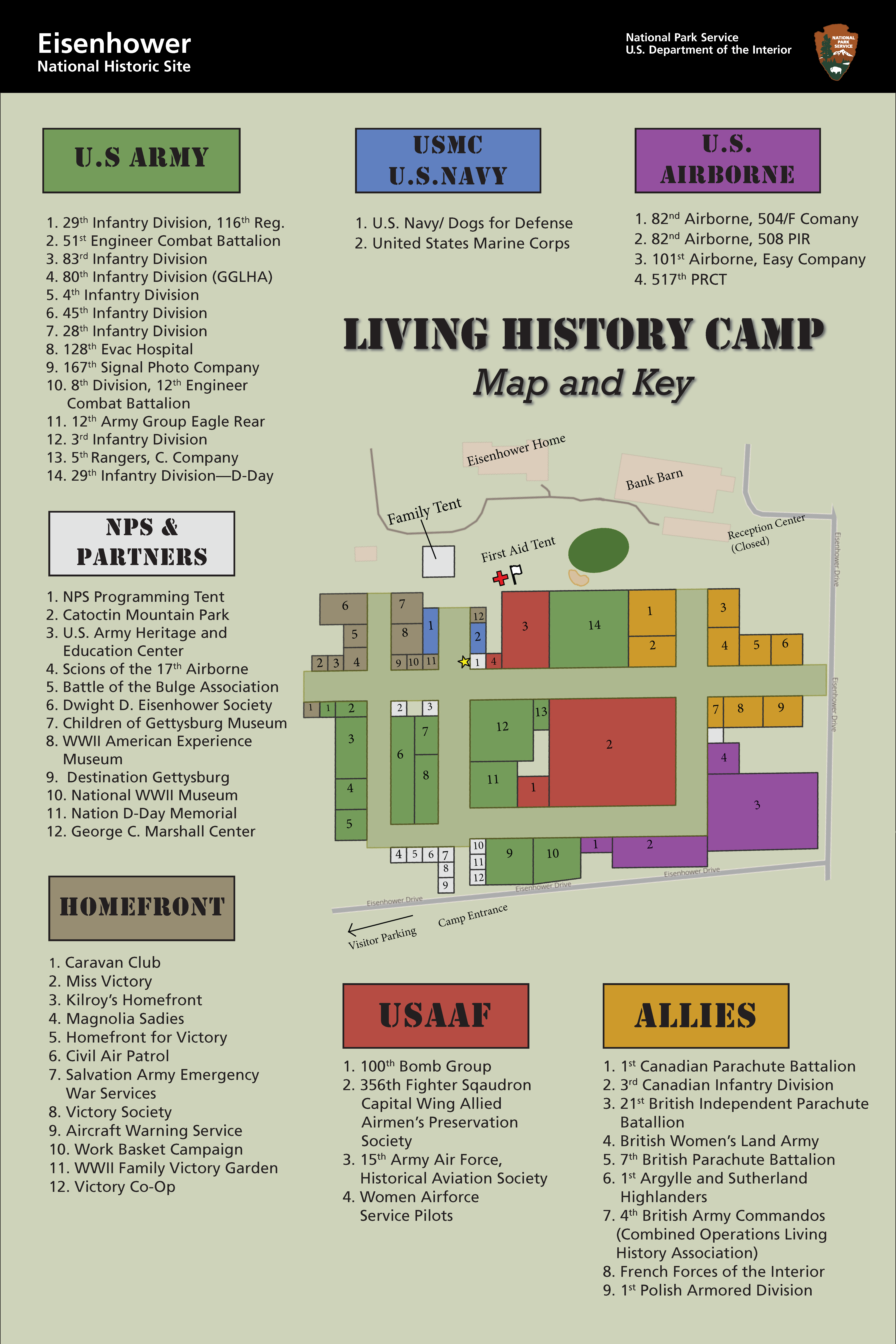 A map showing living history group placements for 2024 WWII Weekend