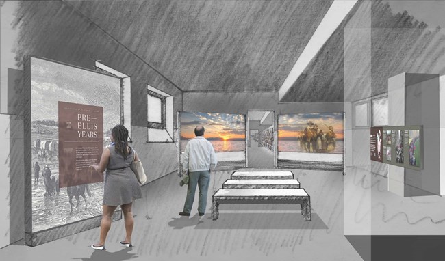 Architectural rendering of the proposed design of the Pre-Ellis Years exhibit