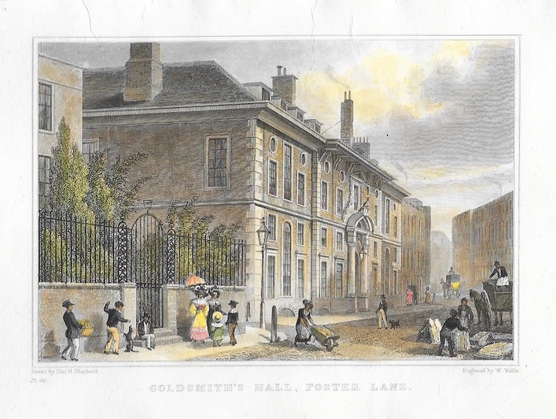 An engraving of Goldsmiths Hall on a busy street.