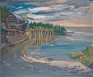 An oil painting of a wood dock extending into the sea and a house in the background.