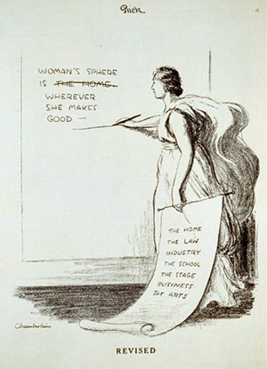 A drawing of a woman crossing out words on a poster.