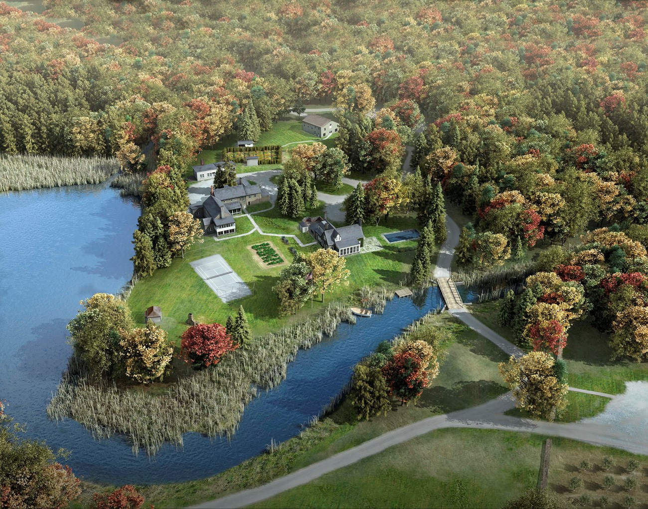 Artistic rendering of a birdseye view of Val-Kill surrounded by a pond that bends around three sides creating a peninsula. A forest extends into the distance. The view includes a parking lot, roads, paths, gardens a swimming pool, tennis court and several