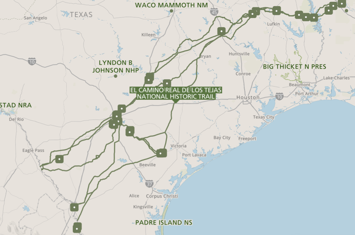 A map depicting a trail from Louisiana south into Mexico.