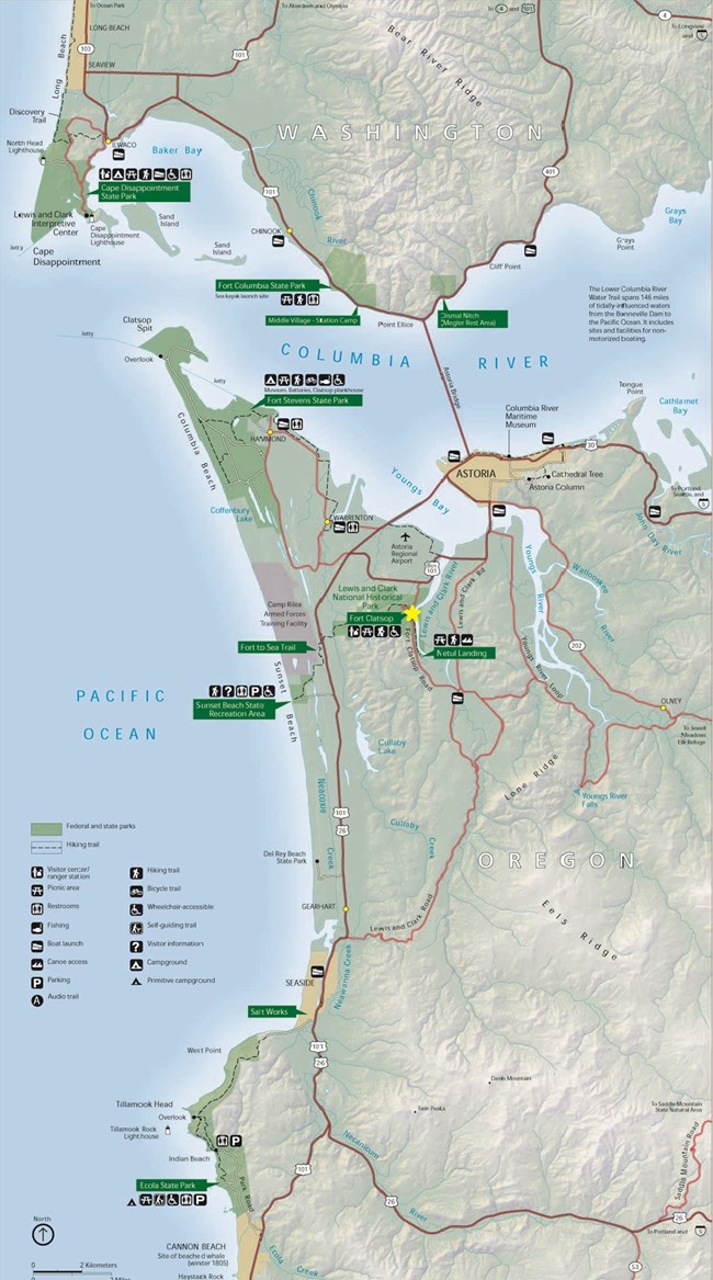 Mapa de todos los sitios relacionados a Lewis y Clark en la costa de Washington y Oregon
