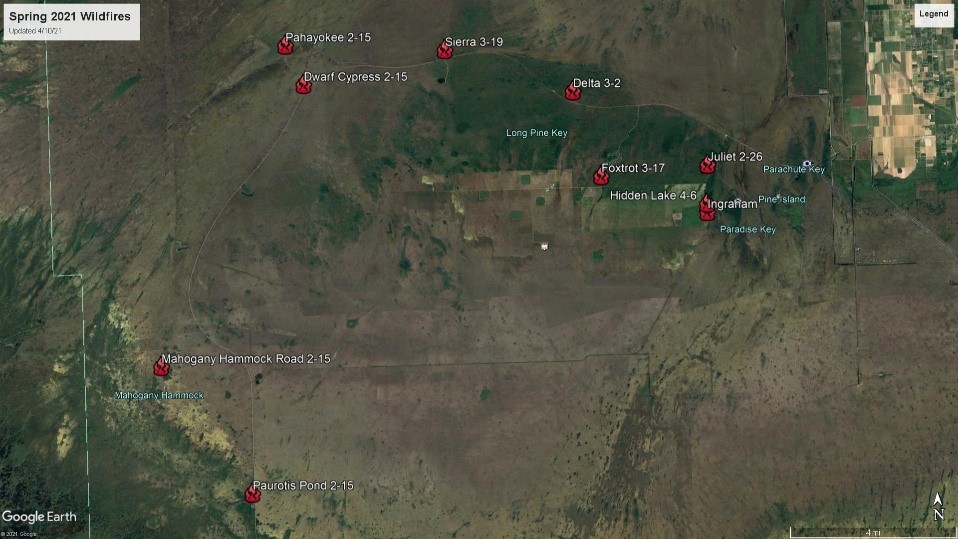 map depicting where fires in Everglades National Park have been started.