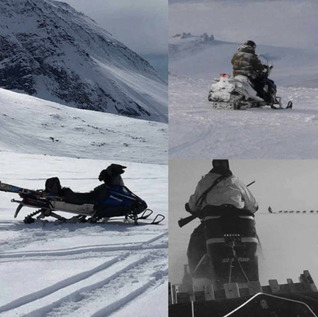 Two snowmobiles are parked in a snow covered valley.
A snowmobiler rides towards 
rock spires.
From behind, a snowmobile pulls a wooden sled and crosses paths with a dog sled team in a remote winter landscape.