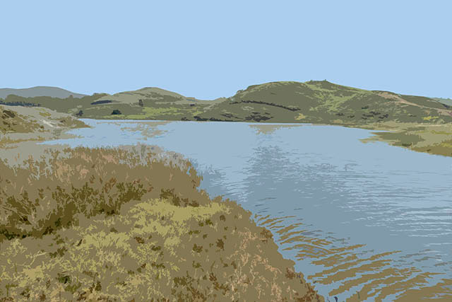 An illustrated view of Rodeo Lagoon in 2015, with rolling green hills behind the lagoon. A low-level grassy area is in the lower left foreground. Next, the same view with 3 feet of sea level rise in 2100, the water takes over a third of the grassy area in front and the lagoon widens. Finally, 12 feet of sea level rise in 2300. The whole front area is water, and the water level rises up into the hills a bit.