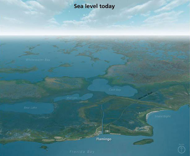A semi-aerial map view of the Flamingo area with today’s sea level shows Florida Bay, other bays, and two lakes of the Everglades. About 60 percent of the image is land, and 40 percent is water. As the handle slides to the middle, the image changes to sea level 12 inches higher than today. Now 90 percent is water, with just a few ridges of land.  As the handle slides to the right, the image changes to sea level 36 inches higher than today. Now the image is entirely water except for a few small islands around Flamingo.