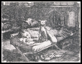 Illustration of a boy sleeping in his bed with a dog standing watch.