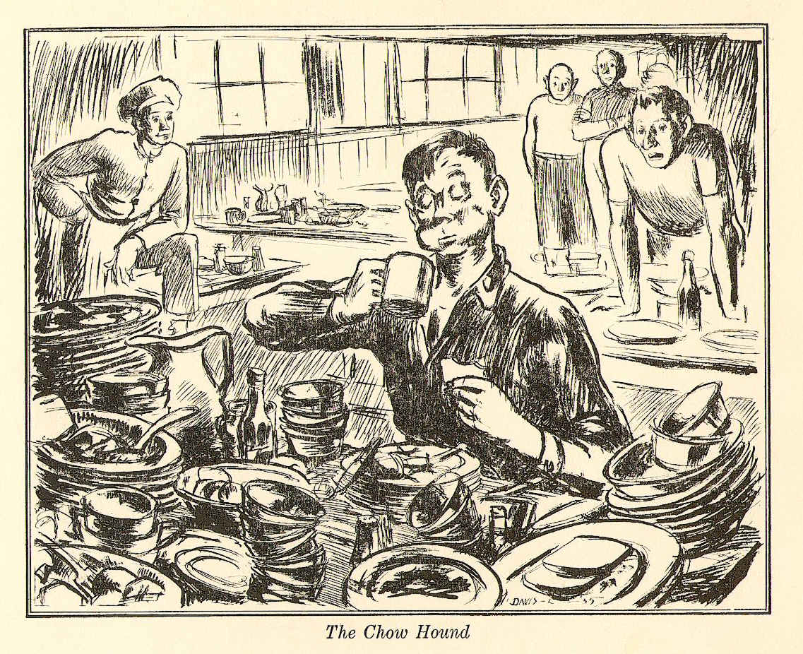 Illustration of a man easting at a table full of dishes.