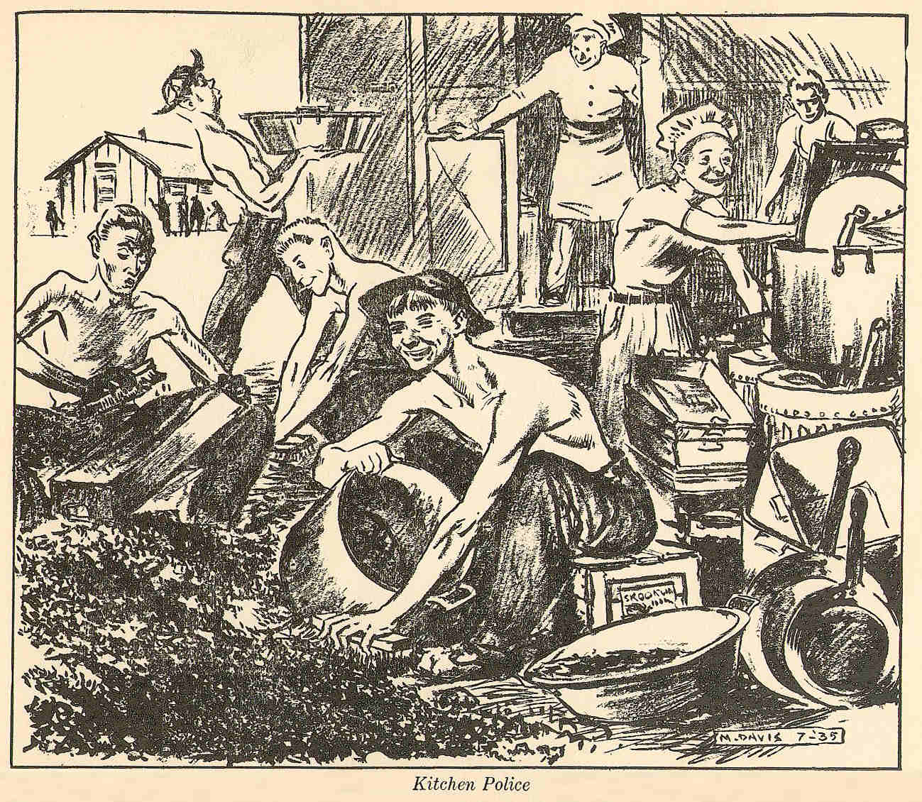 Illustration of men working behind the kitchen, cleaning dishes, etc.