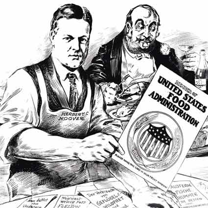 An illustration of Herbert Hoover holding a Food Administration pamphlet.