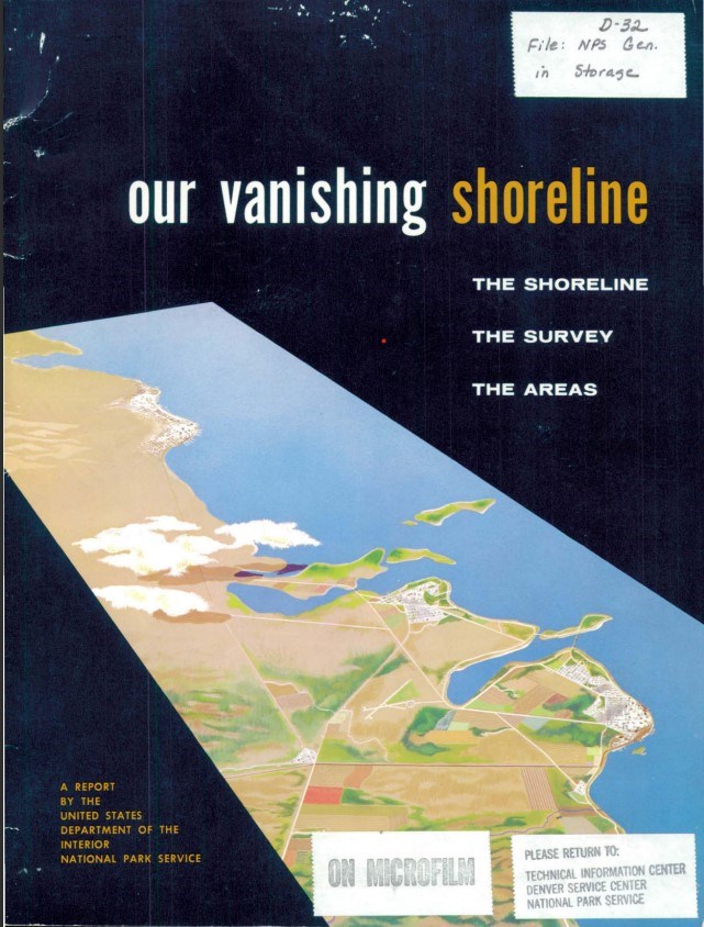 A booklet cover reads "Our Vanishing Shoreline" with a aerial view of a developed shore.
