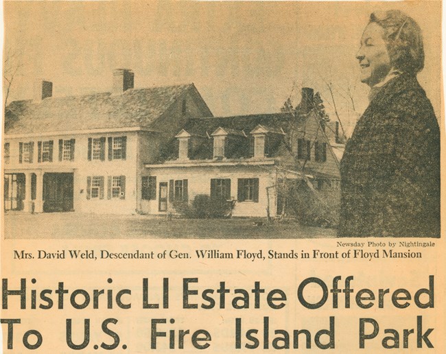A newspaper clipping reads "Historic LI estate offered to US Fire Island park."
